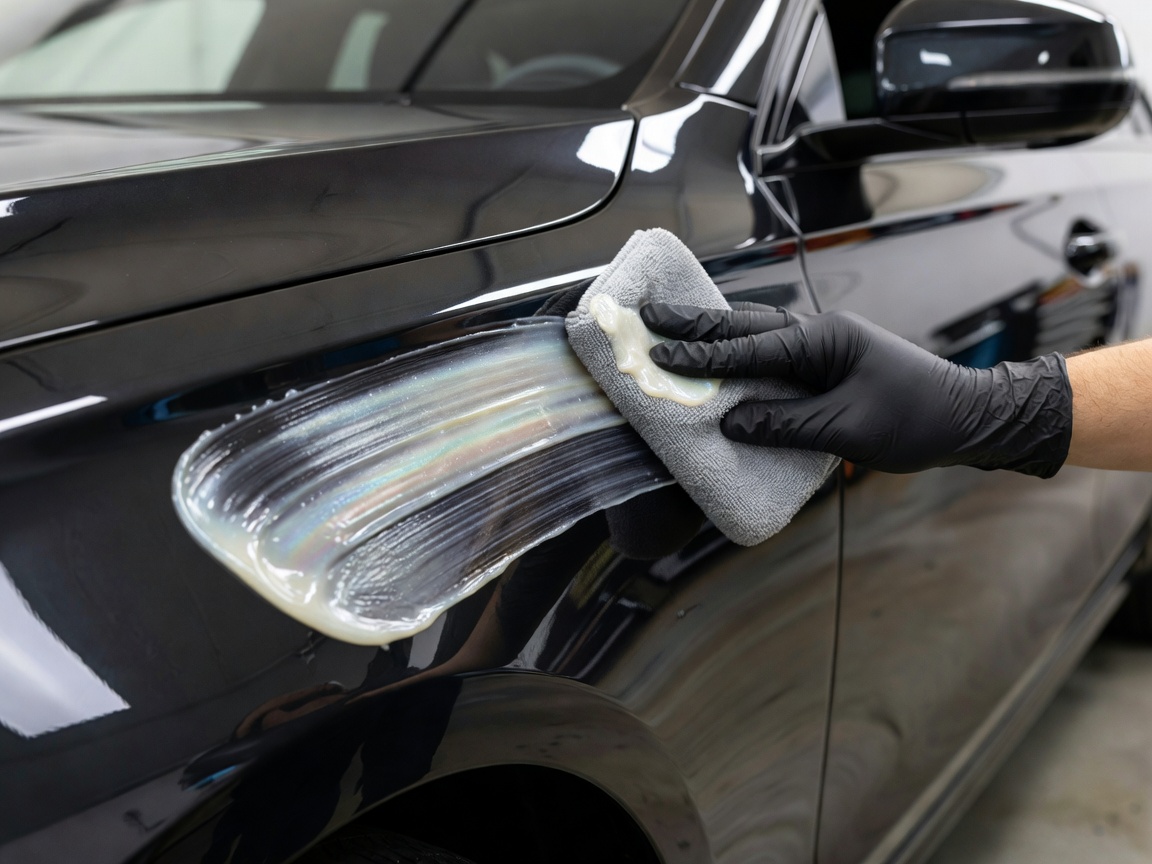 Applying a ceramic coating sealant to a clean vehicle panel with a microfibre applicator