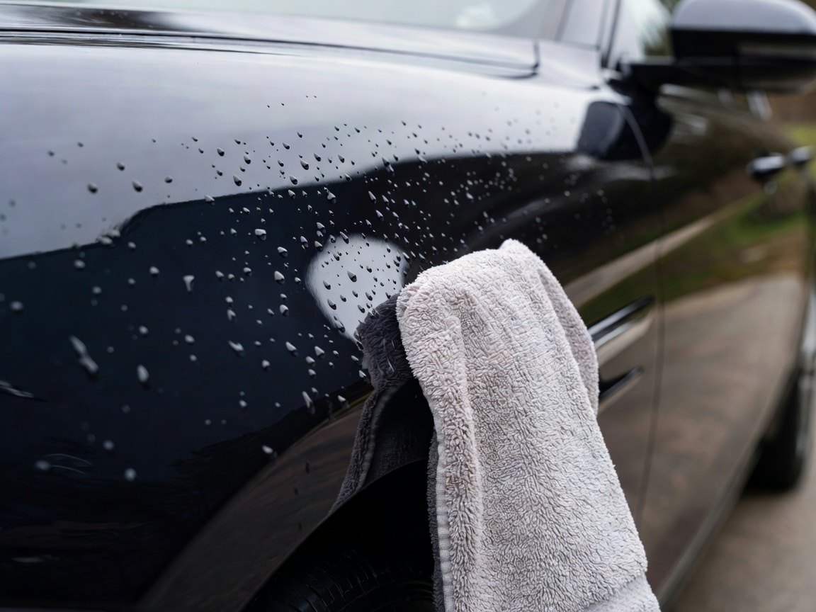 Water beading on car paintwork demonstrating safe washing and drying methods
