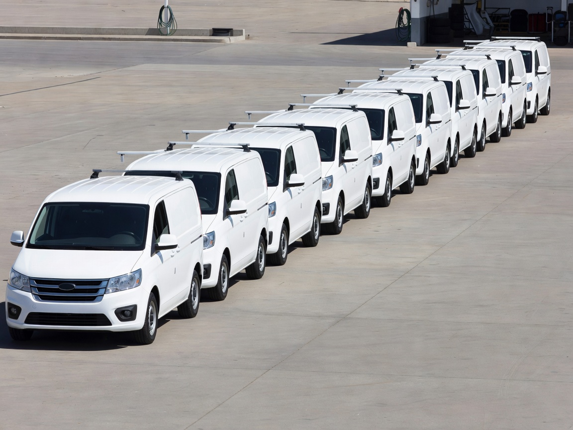Row of clean commercial fleet vans parked in a yard