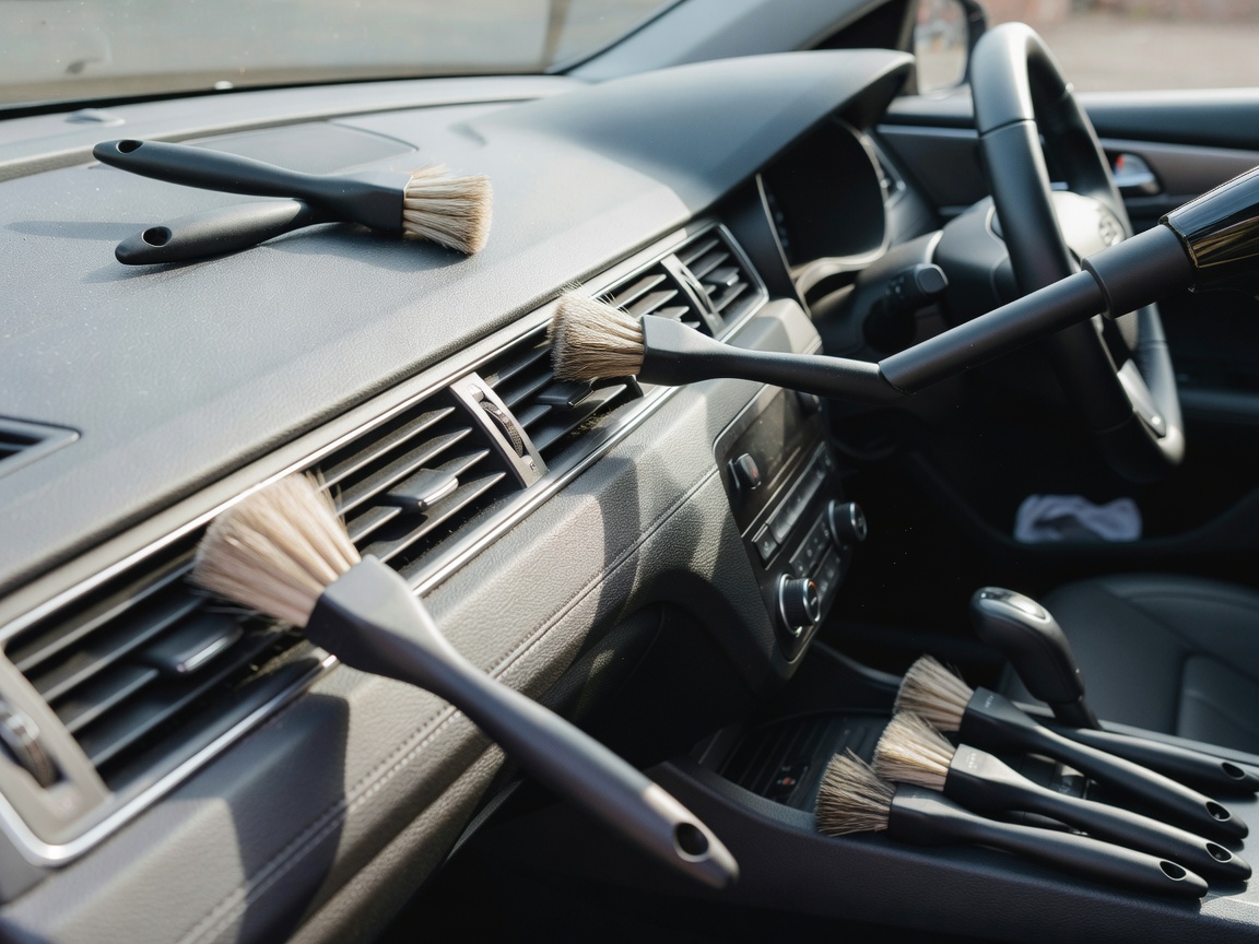 Detailing brushes cleaning interior car vents and dashboard surfaces