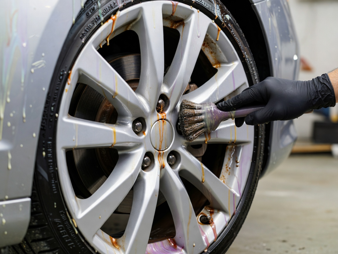 Chemical decontamination removing iron fallout from a silver car alloy wheel