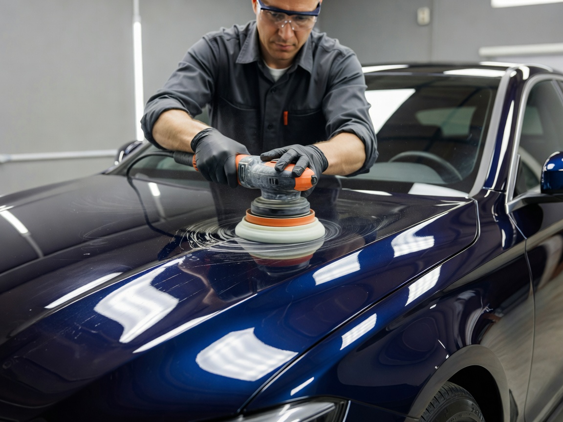 Machine polisher working on a vehicle bonnet to enhance paint clarity